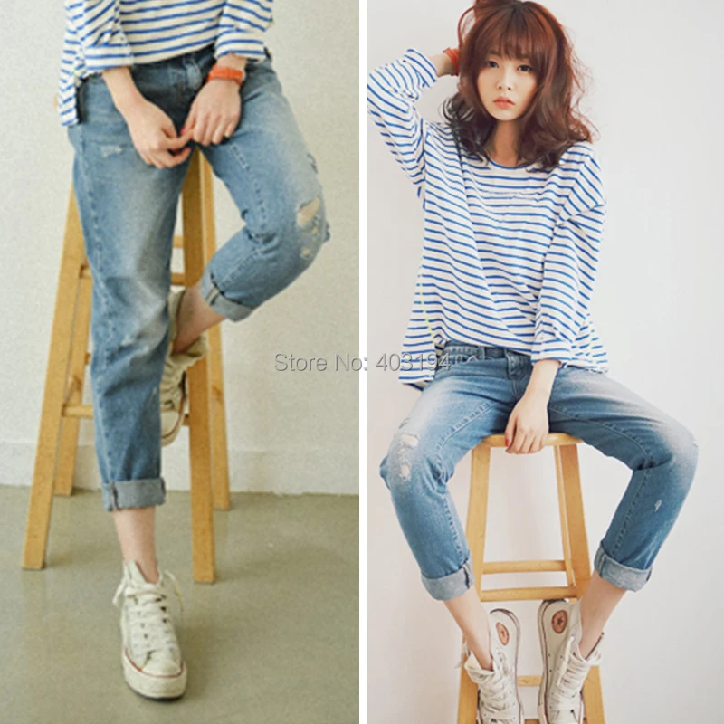 2014 Spring and summer Women Jeans loose Straight cotton hole jeans