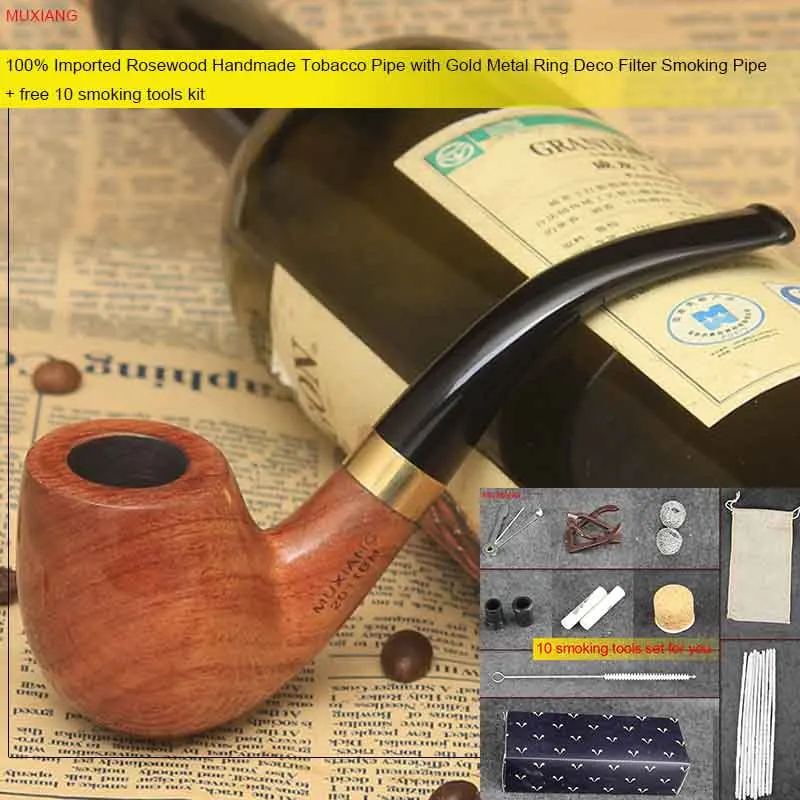 MUXIANG 10 Tools Kit kevazingo wood bent Smoking Pipe 9mm Filter