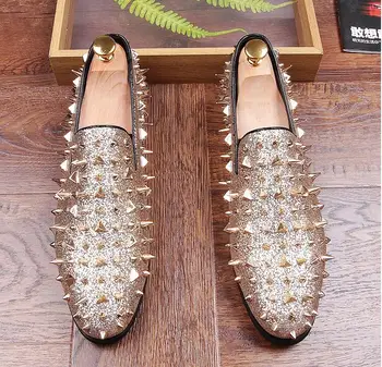 

New Luxury Men's Fashion Casual Shoes Gold/red Glitter Leisure Slip on Rivets Loafers Shoes Man Party Weeding Dress Shoes 38-44