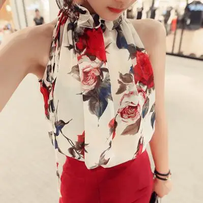 

Women's strapless floral lace blouse sexy chiffon blouse Sleeveless loose shirt