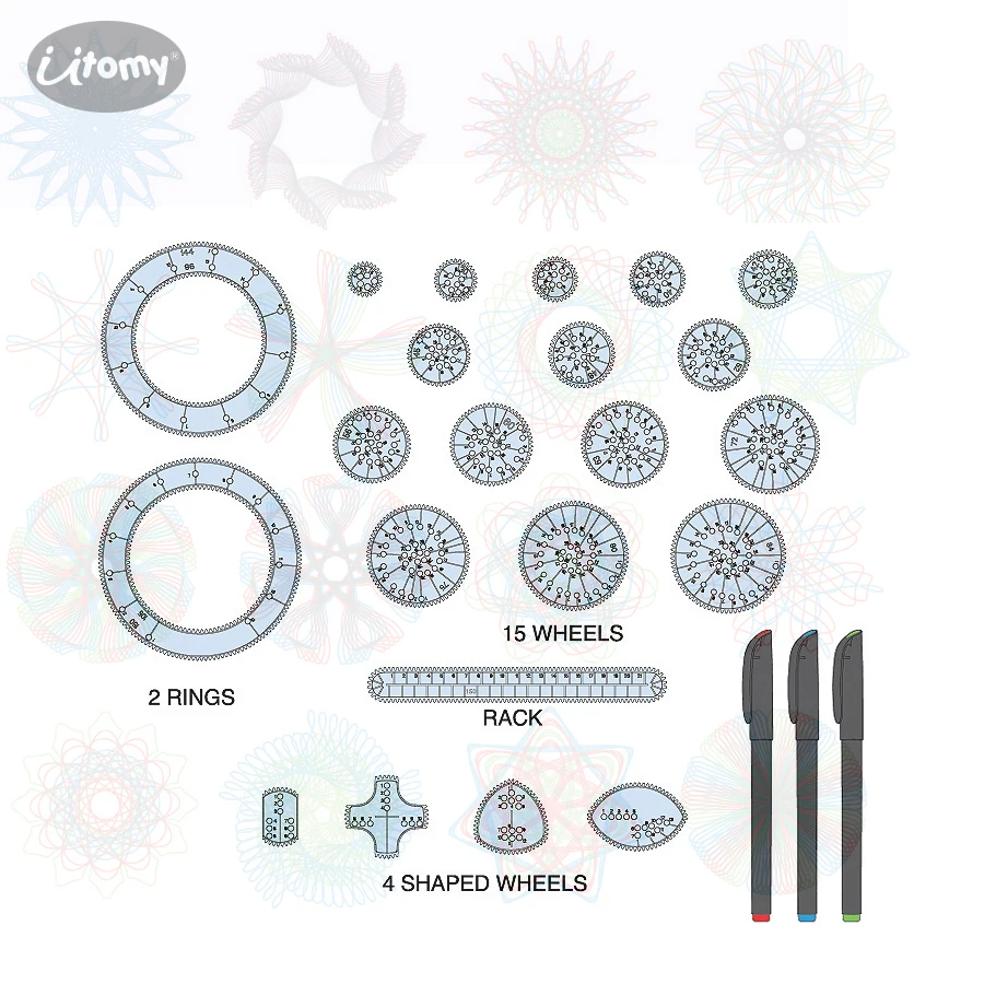 Спирограф чертежный набор 22 шт. аксессуары креативные спиральные блокирующие зубчатые колеса и 3 шт. ручки для дизайна обучающие игрушки