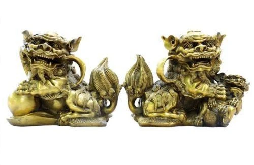 

China Chinese Bronze Copper Palace Evil Guardian Foo Fu Dog Men Lion Statue Pair