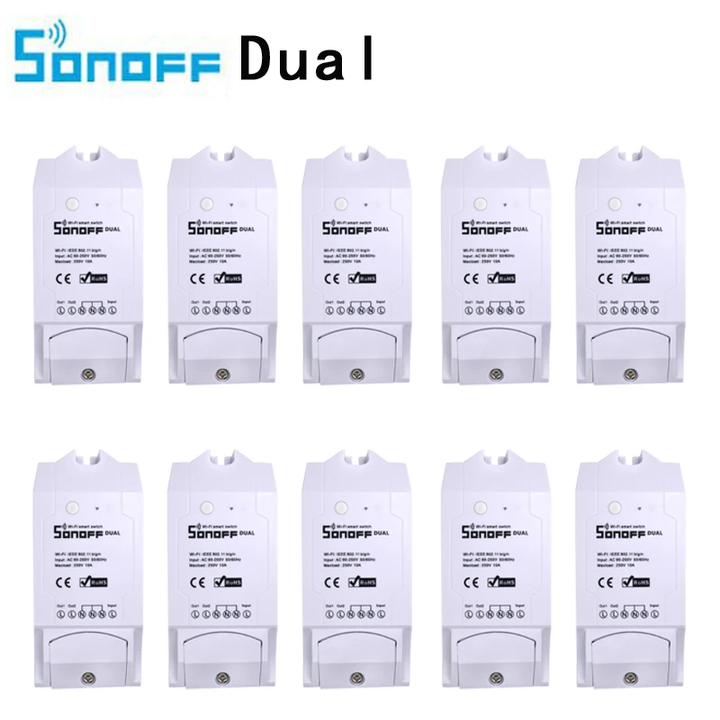 

10pc Sonoff Dual WiFi Wireless Smart Switch Light Remote Control DIY Timer Module Alexa Home ITEAD 10A 220V 16A 3500W 2CH 2 Gang