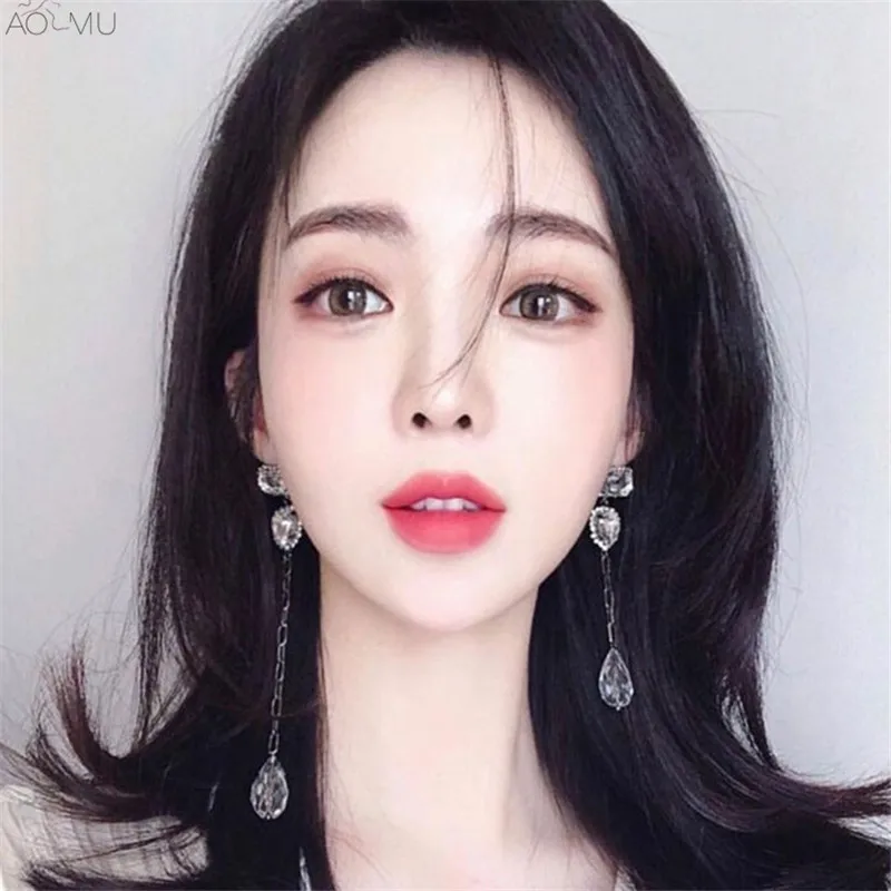 

AOMU Rectangular Waterdrops Transparent Crystal Matte Gold Silver Chain Fringe Drop Earrings for Women Gifts Wedding Jewelry