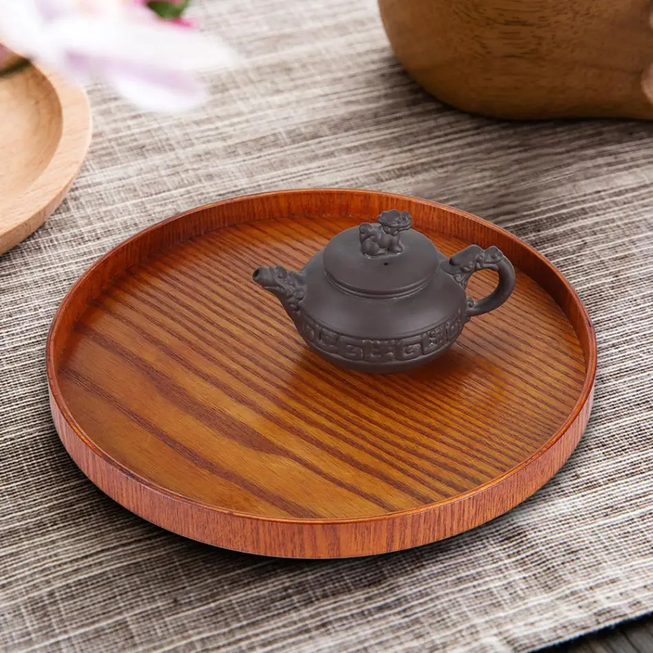 Round Natural Wood Serving Tray Wooden Plate Kitchen Tea Food Server Dishes Water Drink Platter