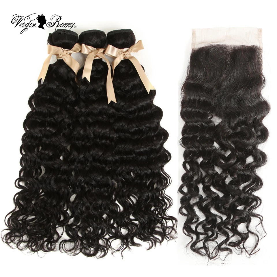 Queen Virgin Remy Water Wave Bundles With Closure Peruvian Hair Weave Bundles With Closure Human Hair 3/4 Bundles With Closure