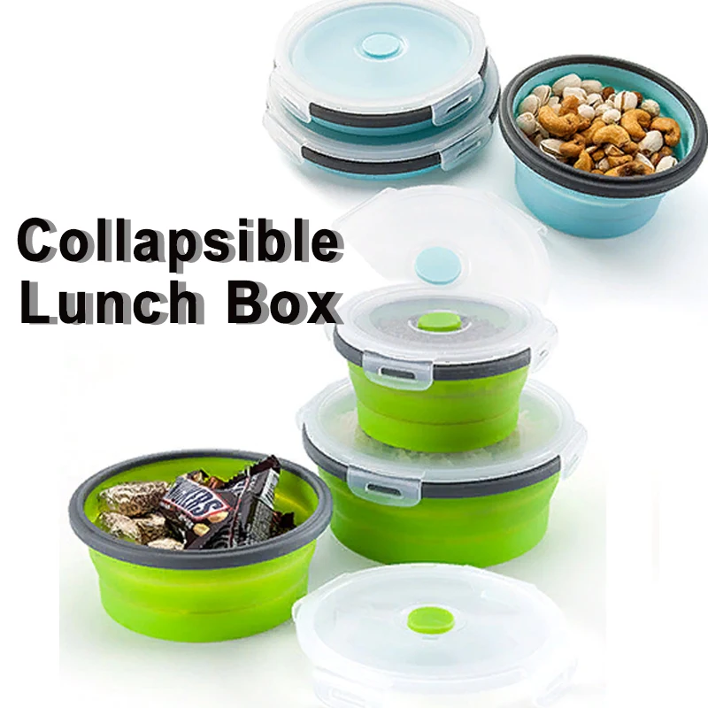 

1 Piece Portable Eco-Friendly Food-Grade Silicone Collapsible Round Lunch Box Foldable Lunchbox for travelling