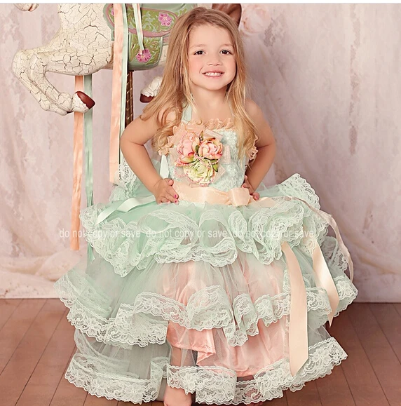Cheap Adorable Halter Ruffles Lace Rosette Little Girl Tulle Ball Gown Baby Graduation Dress Vestidos de First Communion 1-14 Year Old