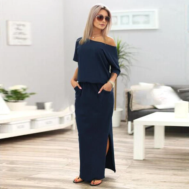 ELSVIOS Sexy Slash neck Side Split Loose Dress Women Summer Long Maxi Dress Short Sleeve Evening Party Dress Pocket Vestidos 1