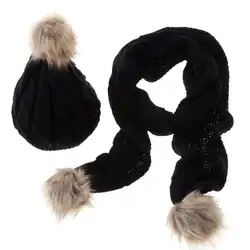 Шапка и шарф комплект Для женщин Зимняя теплая вязаная шапка и шарф Искусственный мех модные шерстяные шапки и шарфа 5 цветов Аксессуары