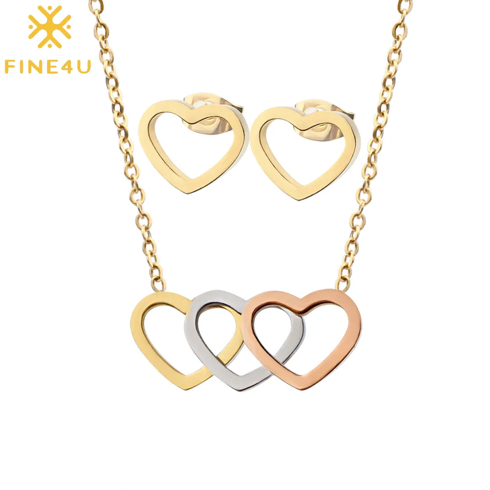 

FINE4U N220 Tiny Heart Pendant Necklaces Earrings Sets Stainless Steel Wedding Bridal Jewelry Sets For Women Girls Gifts