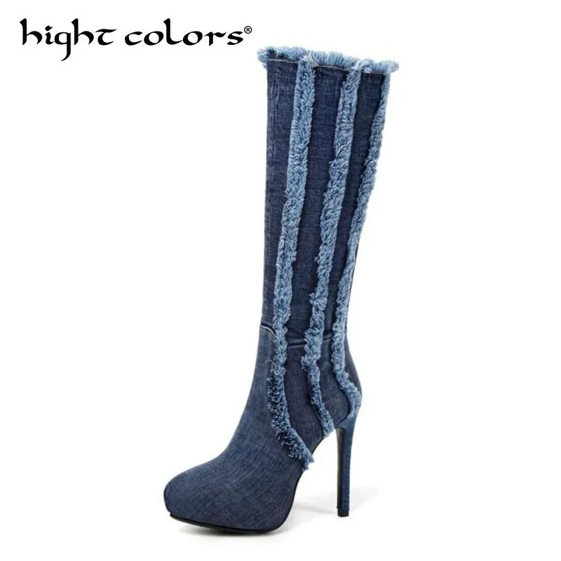 

Women Sexy New Fashion Blue Denim Knee High Heel Boots Slim Style Thigh Long Thin Heel Boots Nightclub Dress Shoes