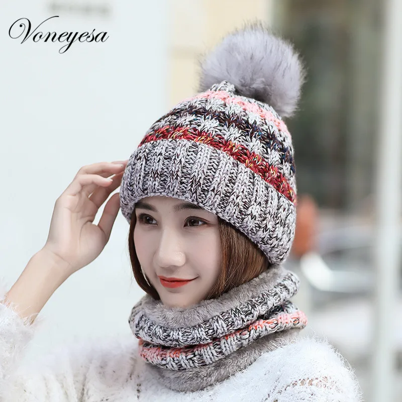 Voneyes Winter Scarves Hat Set Women Knitted Warm Beanies With Pompom Ball Female Multi