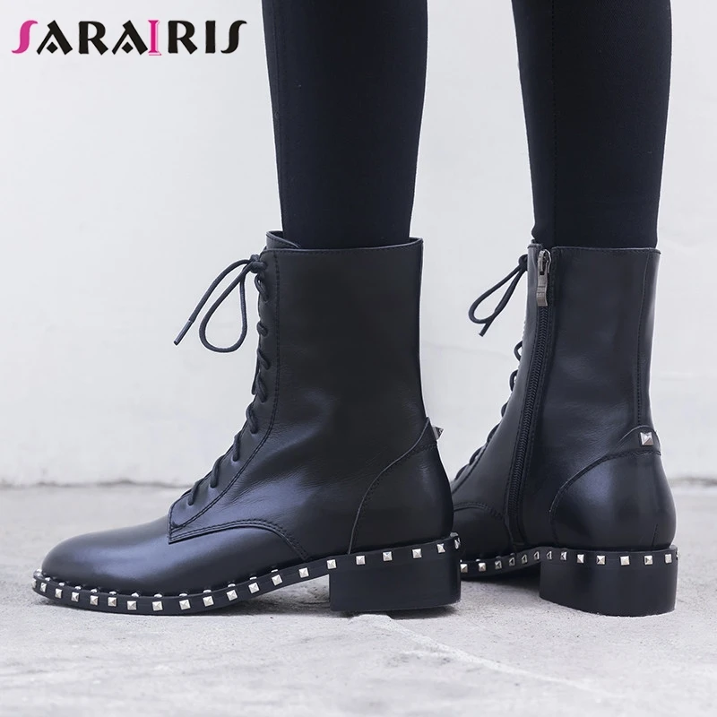 

SARAIRIS New Big Size 33-40 Cow Leather Zip Rivet Cross Tied Med Heels Shoes Woman Casual Party Office Winter Spring Ankle Boots
