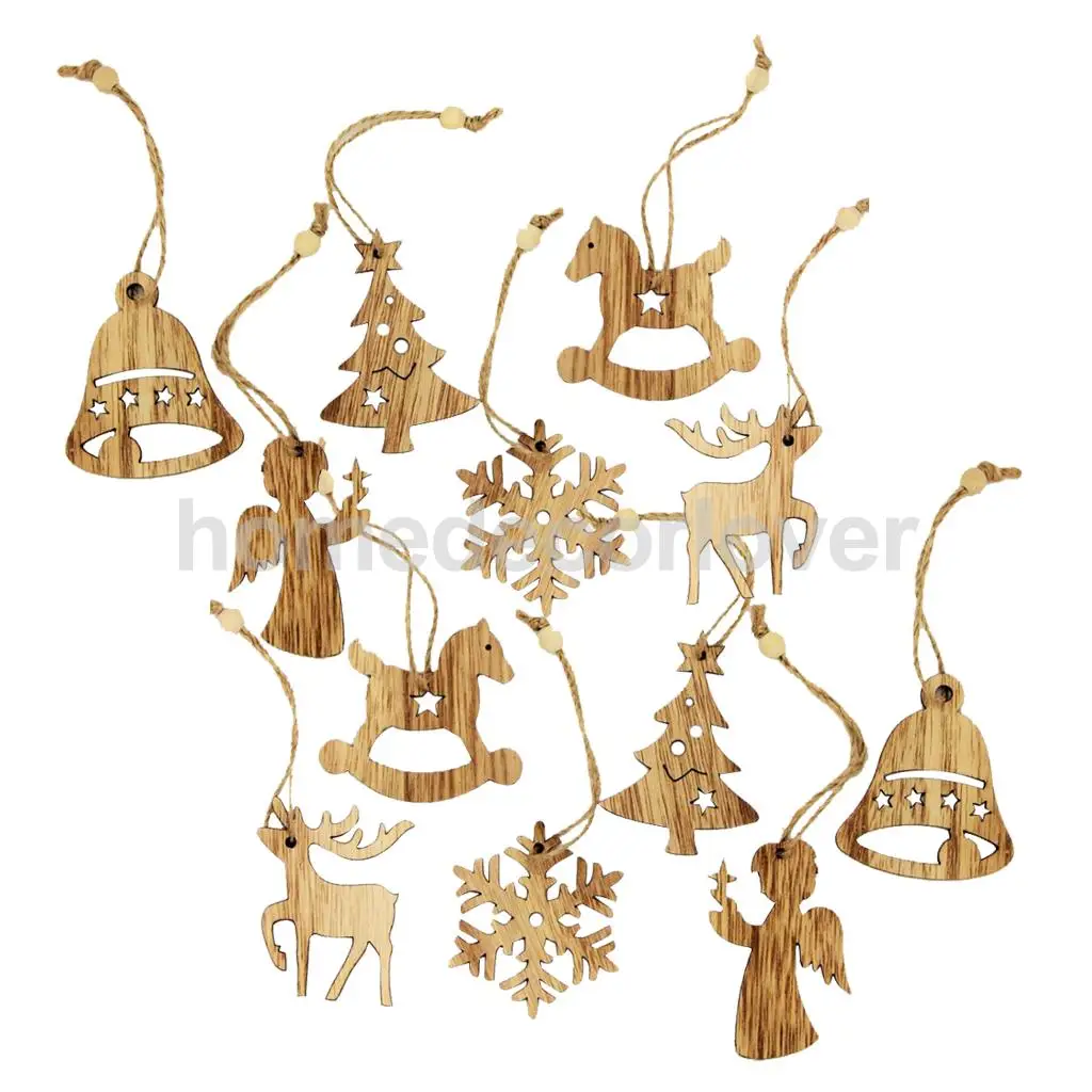 12 Pieces Assorted Wooden Shapes Christmas Tree Ornament Xmas Hanging Bell Snowflake Decoration Gifts Vintage Style