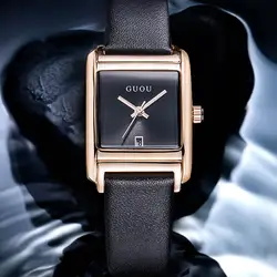 Мода 2018 г. Guou бренд кварцевые кожаный ремешок Часы женские квадратный простой Wwater календари водостойкие наручные часы
