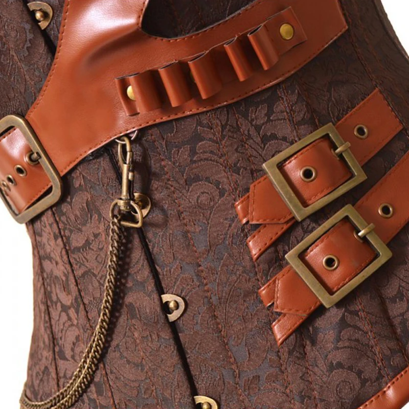 Brown Steampunk Corset With Chain Buckles Retro Fancy Party Outfits Pirate Girls Top Corsets Lacing-up Basque Bustiers S-6XL (2)