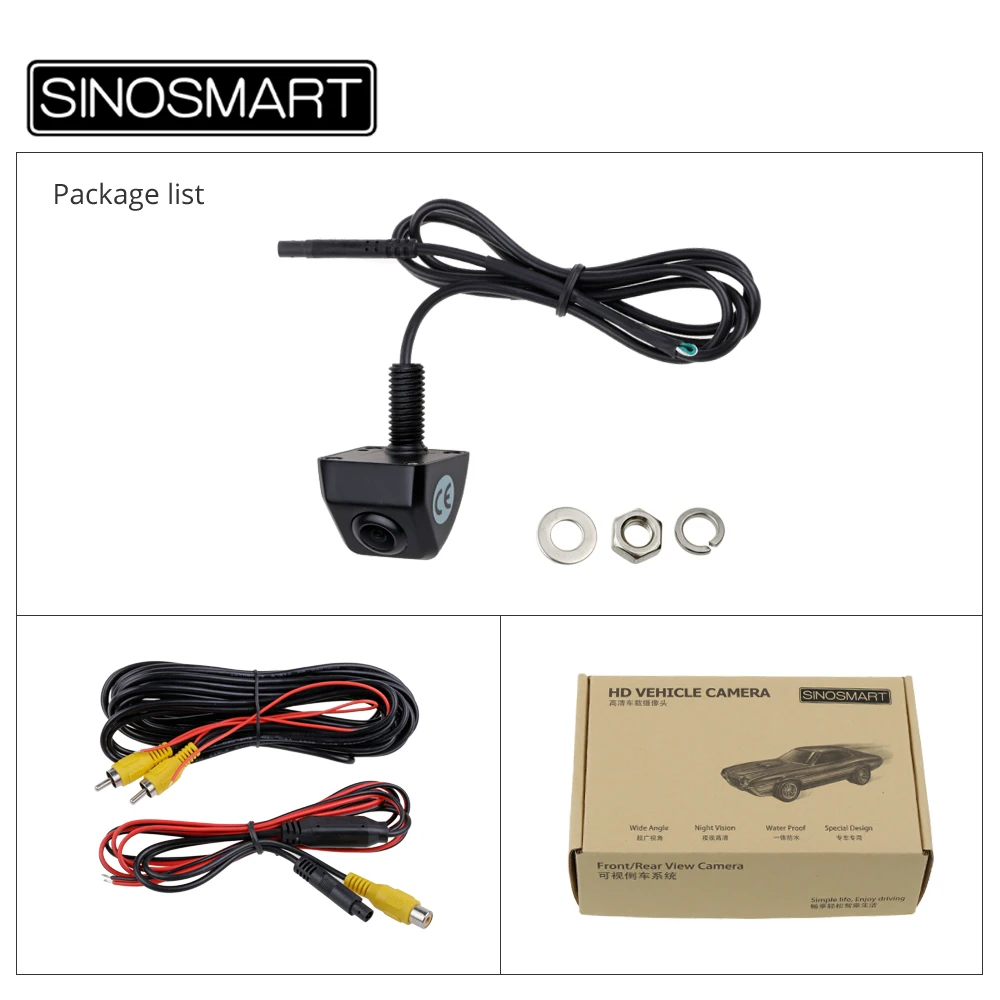 SINOSMART Universal Parking Reversing Backup Camera for Car Vehicle Stainless Metal Chrome Black Small Size