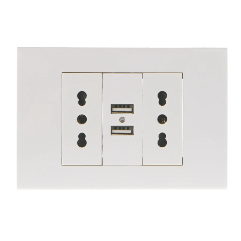 

16A WallDouble Italian/Chile Plug Power Socket Adapter Dual USB Charger Ports Panel 5V 1A