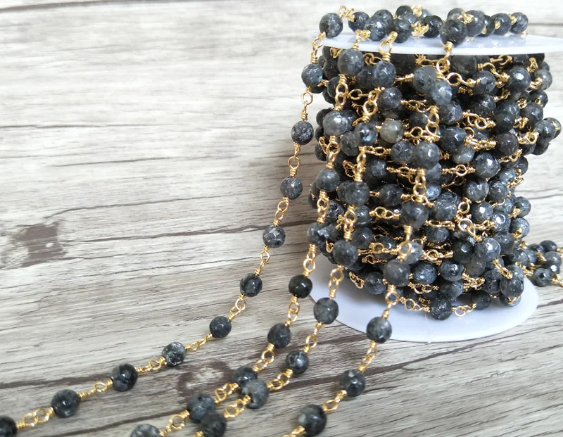 Ручной работы золотого цвета ювелирных изделий, черный лабрадорит камень бисерные цепи, DIY ожерелье цепочное украшение для руки изготовление LZ42