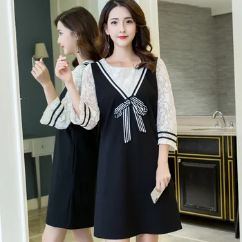 

Spring Ladies elegant fake two Dress 3/4 sleeves lace patchwork contrast color A-line Dress casual vestidos plus size 3XL4XL 5XL