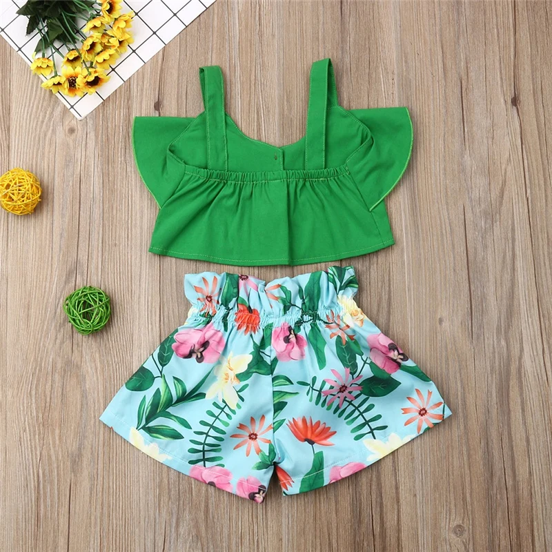 Комплекты одежды для маленьких девочек с Фламинго зеленый жилет укороченные топы короткие штаны, одежда