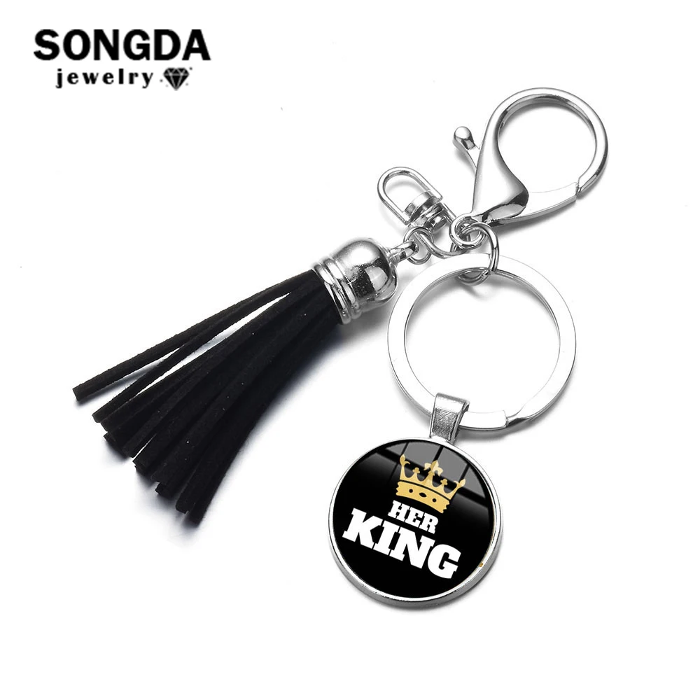 

SONGDA Creative His Queen Her King Keychain PU Leather Tassels Couple Keyring Car Handbag Accessories Gift for Lovers Chaveiro