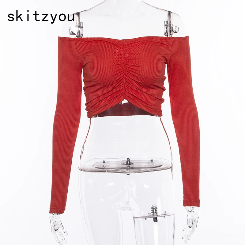 Skitzyou футболки женские 2019 летние красные с длинным рукавом сексуальные v образным