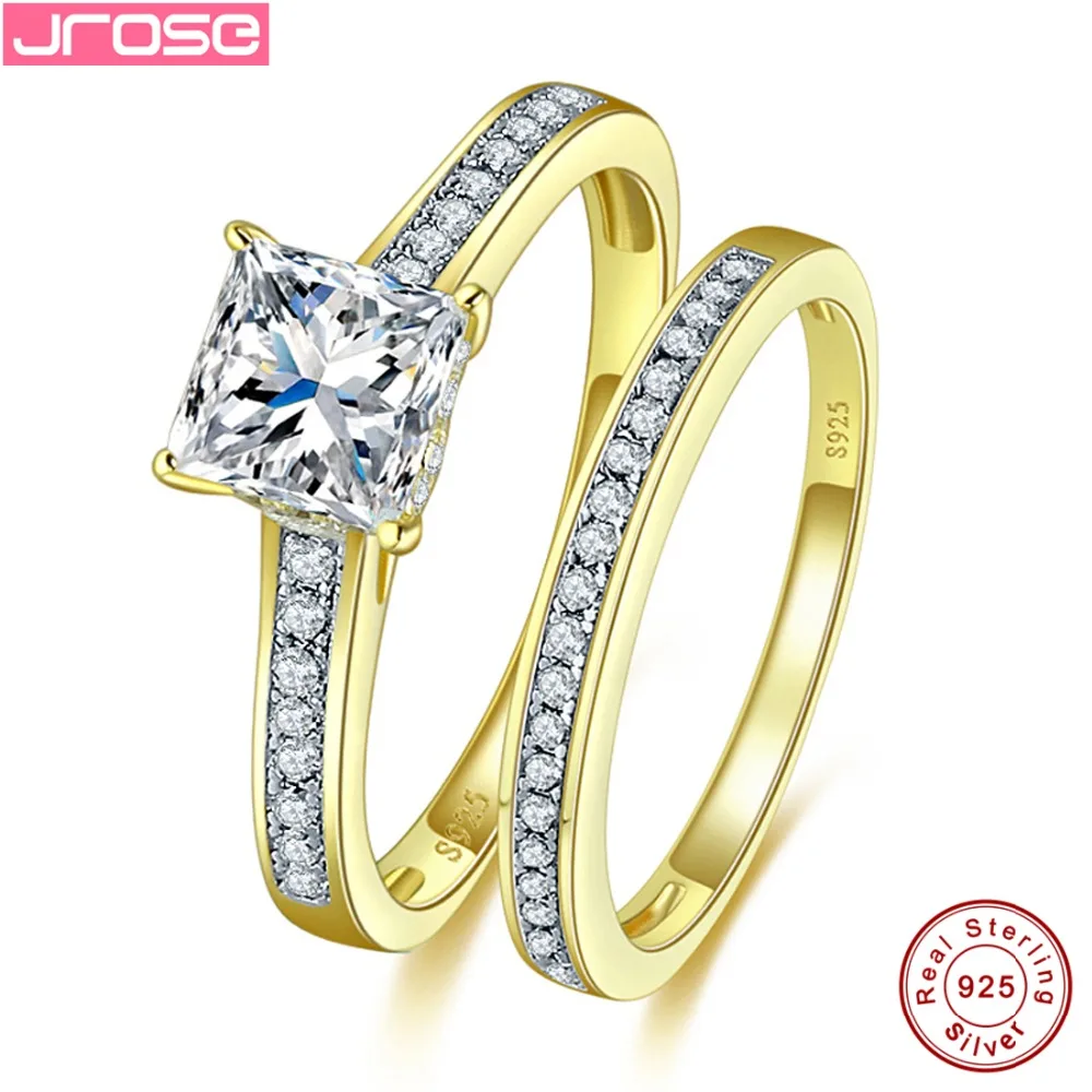 

Hot Jrose Women Men Yellow Gold Cover 925 Sterling Silver Rings AAA White Cubic Zirconia Real 925 Silver Wedding Ring With Gift