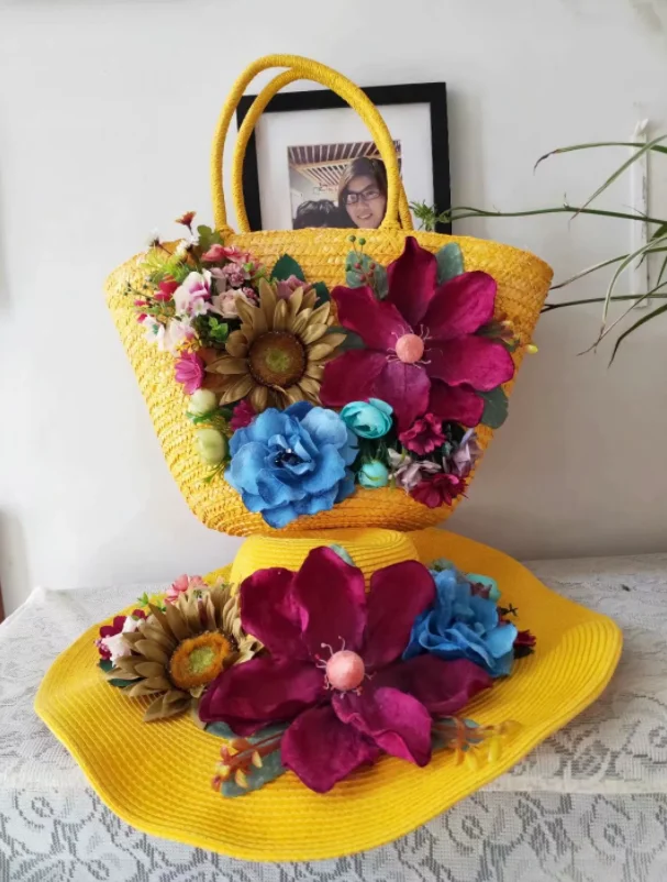 

Retro big flower straw bag portable sunscreen holiday gift travel photo straw bags women's suit flower art summer vacation totes