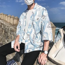 Crane Ful Printed Three Quarter Kimono Jacket Men 2018 Summer Open Stitch Loose Style Japanese Jackets Men  