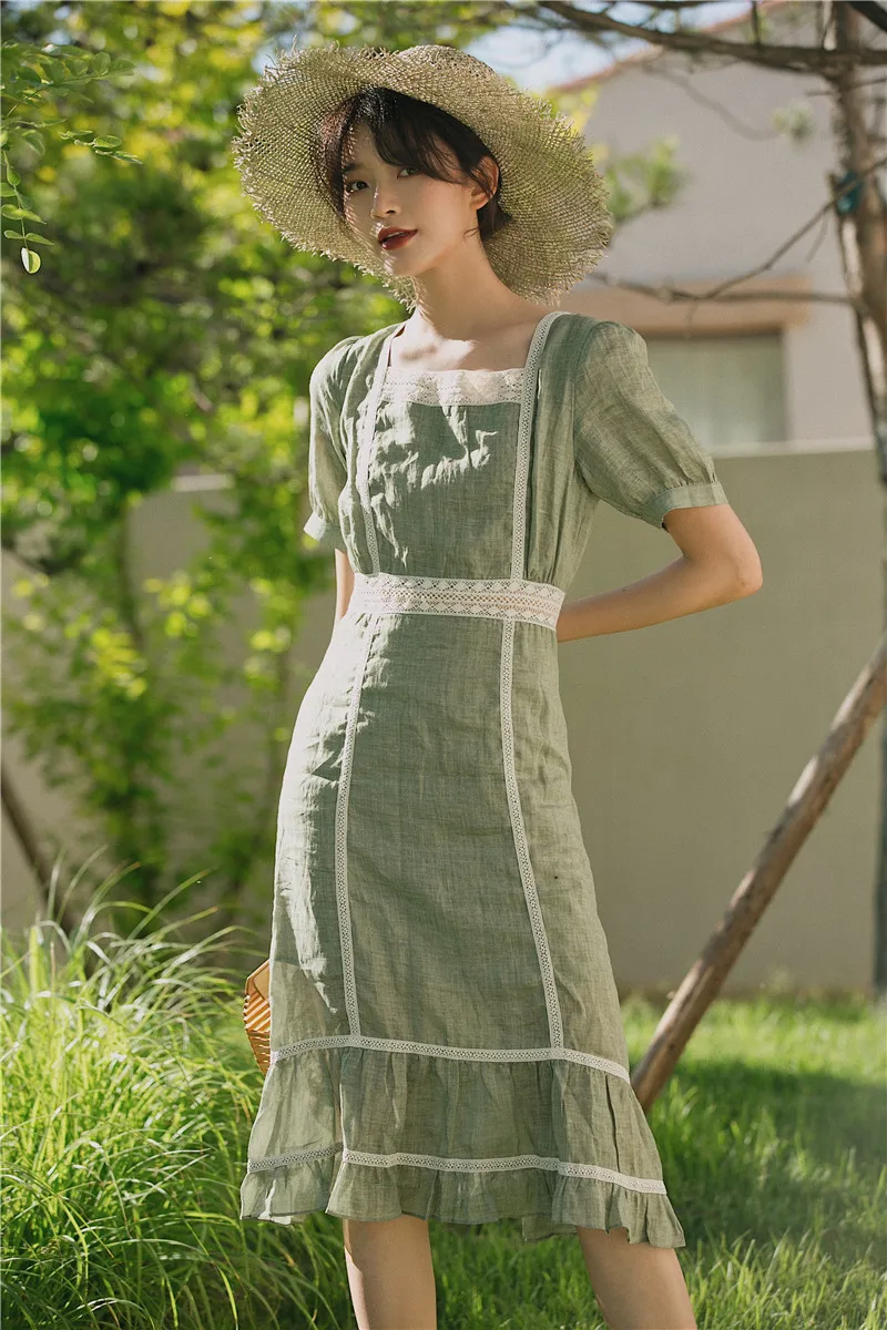 

2019 new fashion women's dresses Summer retro palace style square neck dress female French high waist fish tail