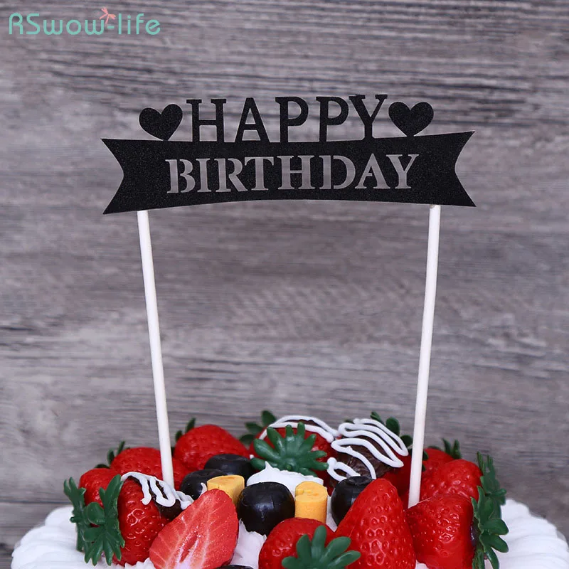 

Happy Birthday Cake Flags Glitter Paper Shiny Dessert Table Decoration Bake Cup Cake Decoration For Celebration Supplies