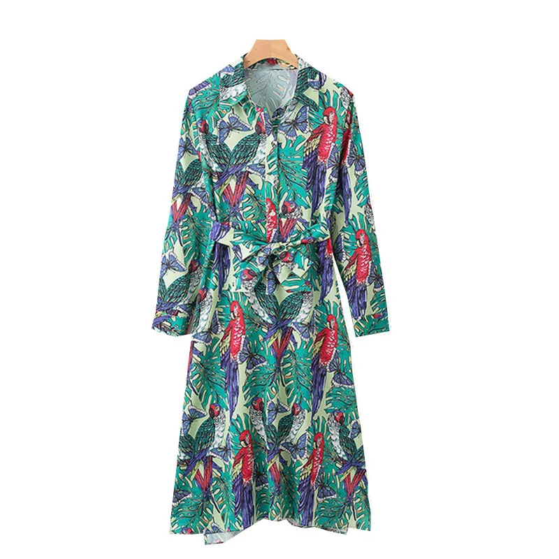 

Women Bird Print Satin Midi Dress Long Sleeve Split Loose Casual Turn Down Long Shirt Dress