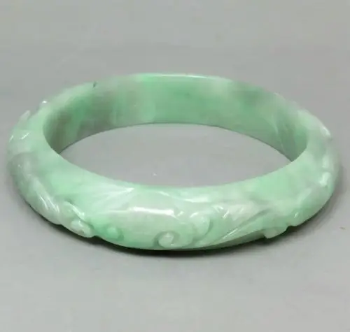 

01549 FINE OLD JADE JADEITE BANGLE BRACELET ANTIQUE VINTAGE JEWELRY CARVED GREEN/GREY