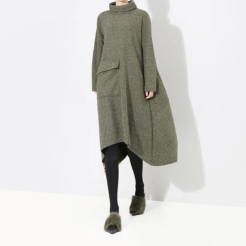 Hongsonghan 2018 Winter new retro women's pullover Korean style large size A-line loose waist high collar knitted dress tide