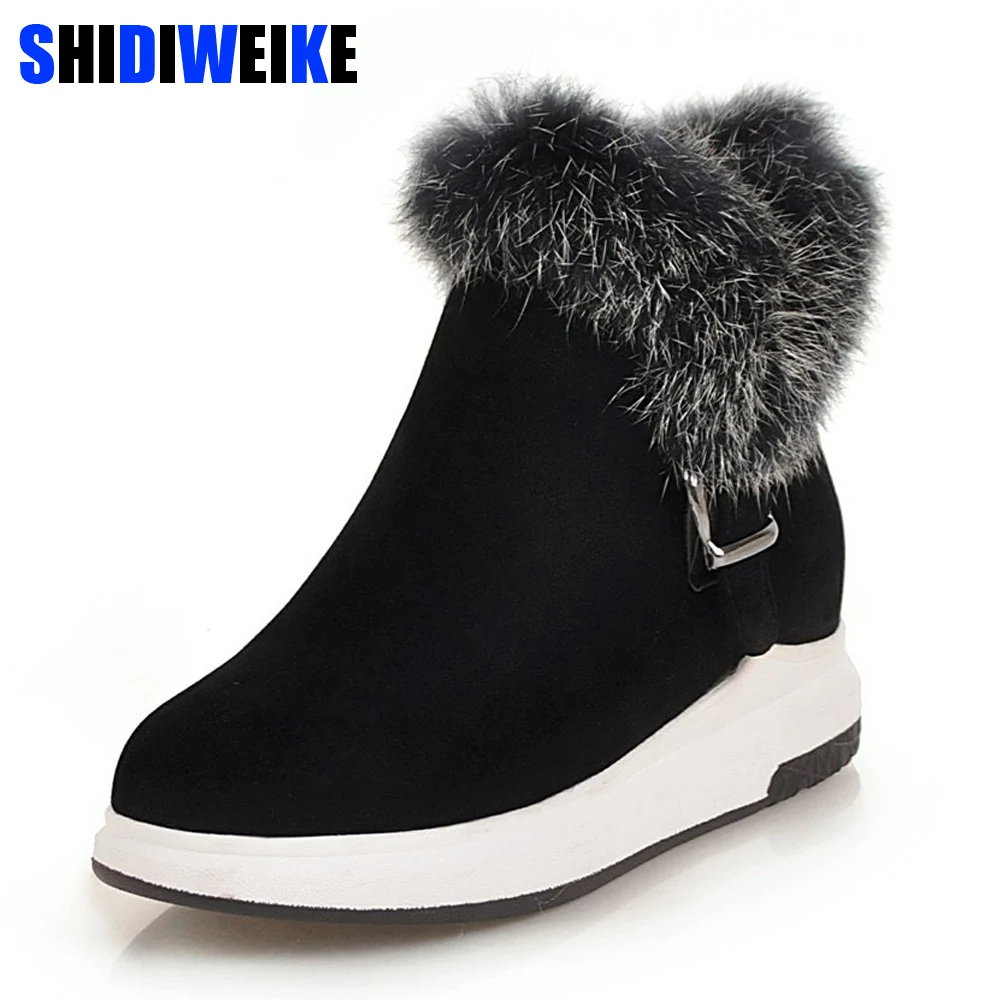 

2019 Winter Wedge Solid Fur Fashion Women Shoes Woman Boots Platform Warm Snow Femme Ladies Boot Black n340