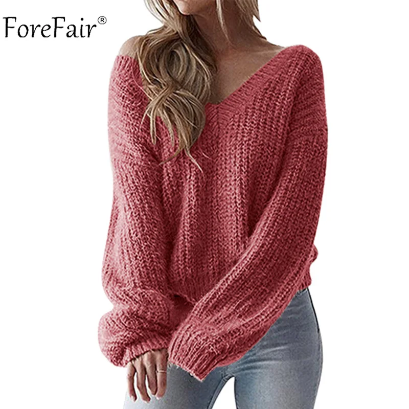 Forefair V Neck Knitted Sweater Women Yellow White Oversized Backless Long Sleeve Sexy Sweater Winter 2018 Knitwear