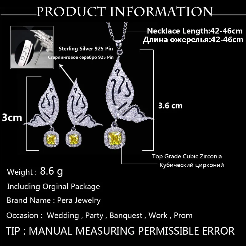 Pera модное Стерлинговое Серебро 925 большая бабочка форма желтый кубический цирконий ожерелье и Комплект сережек для женщин вечерние ювелирные изделия J227