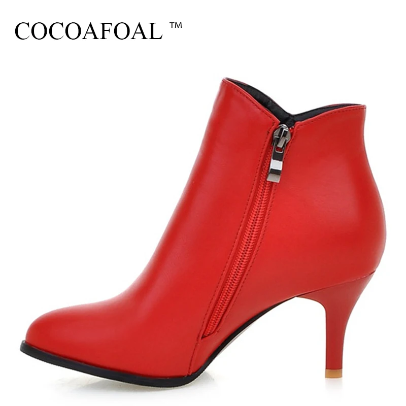 

COCOAFOAL Woman Red Metal Decoration Ankle Boots Black White Winter Chelsea High Heels Boots Plus Size 33 43 Sexy Martin Boots