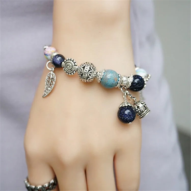 

2019 Fashion Silver Bracelets Women Jewelry blue ceramic leaves Bracelet DIY Handmade for Girl Gift
