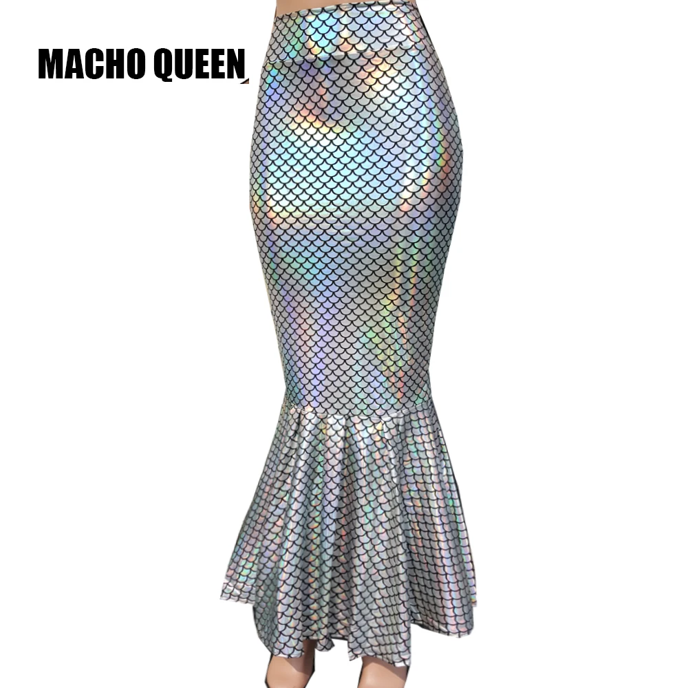 Серебряная голографическая Женская Русалка Макси хвост юбка одежда лазерная голограмма фольга ткань длинная юбка Rave фестиваль наряды - Цвет: 405MD