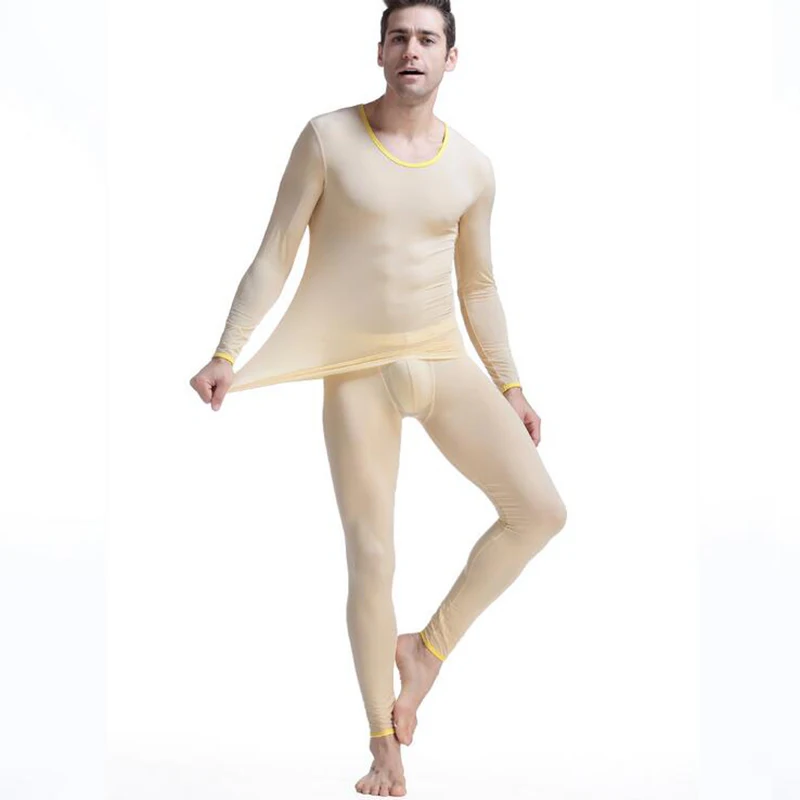 KWAN.Z Men's Thermal underwear suit elastic ultra-thin long johns thermo Underwear silk translucent Pajamas mens top leggings