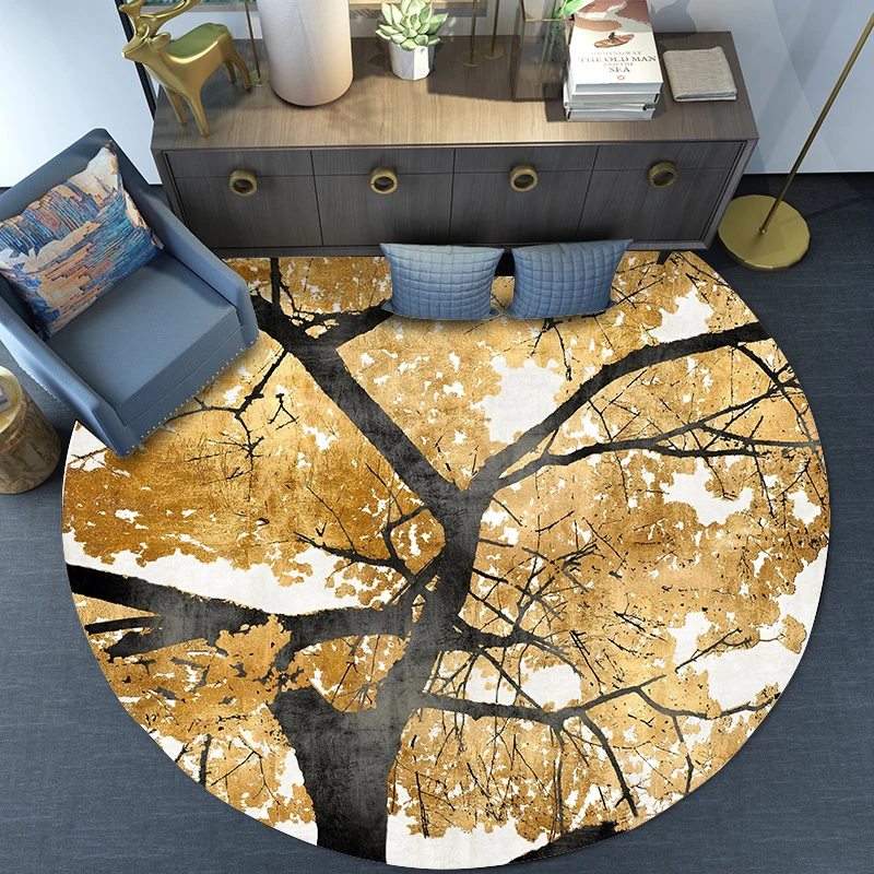 

Retro Vintage Modern Yellow Leaf Tree Print Bedroom Living Room Parlor Round Nonslip Mat Area Rug Decorative Carpet