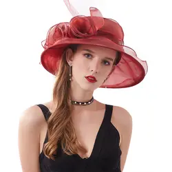 Элегантный органзы Шапки для Для женщин Кентукки Дерби шляпа с цветочным большой мягкая фетровая шляпа с широкими полями летний Свадебный
