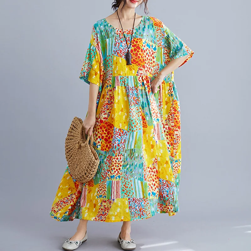Макси-платье женское хлопковое длинное летнее платье в горошек платье в этническом стиле с цветным блоком с коротким рукавом богемные свободные платья