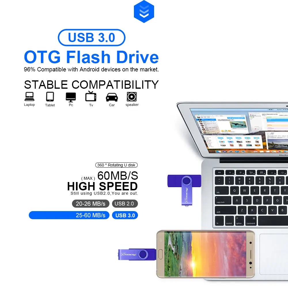 USB3.0 OTG флеш-накопитель 64 ГБ USB флэш-накопитель 128 ГБ флэш-накопитель высокого Скорость 16 Гб оперативной памяти, 32 Гб встроенной памяти металла cle USB флеш-накопитель для Android телефонов/планшетов Android/ПК