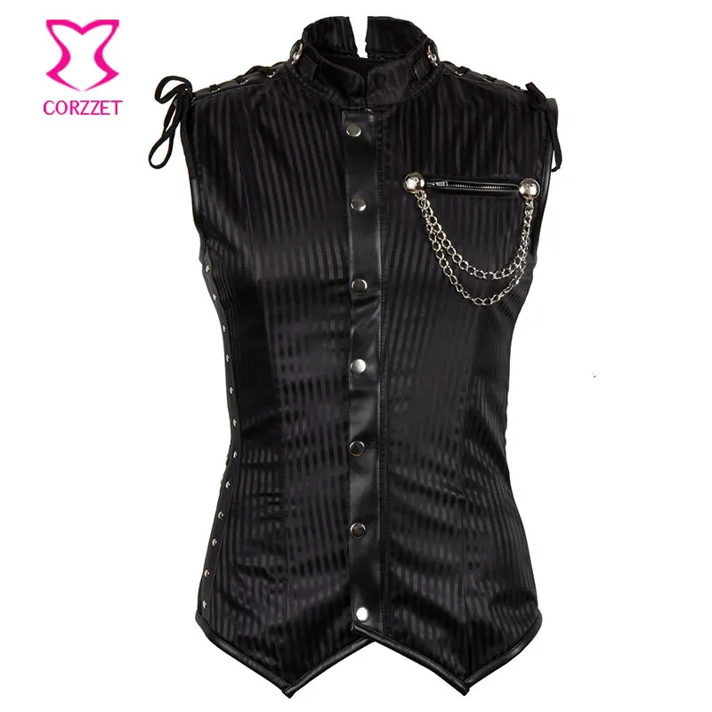 Black Striped Stand Collar Sleeveless Leather Stain Steel Boned Waistcoat Vest Jacket Steampunk Gothic Corset For Man Plus Size