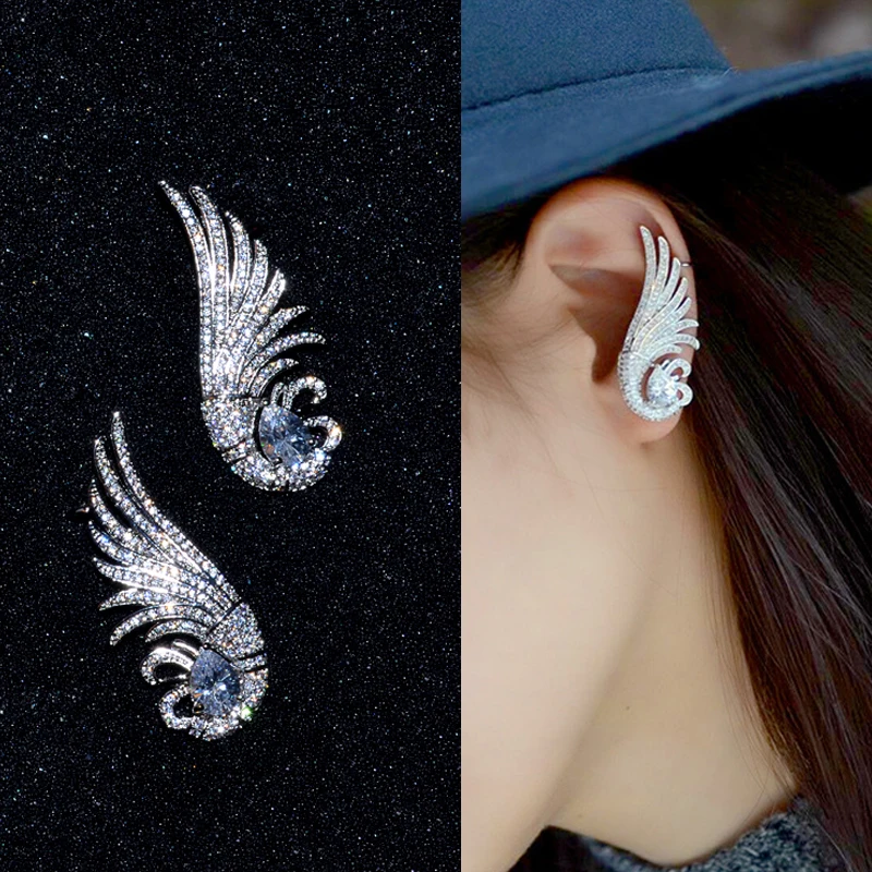 Fashion AAA Cubic Zirconia Bird Wing Ear Cuff Earrings Big Main Stone