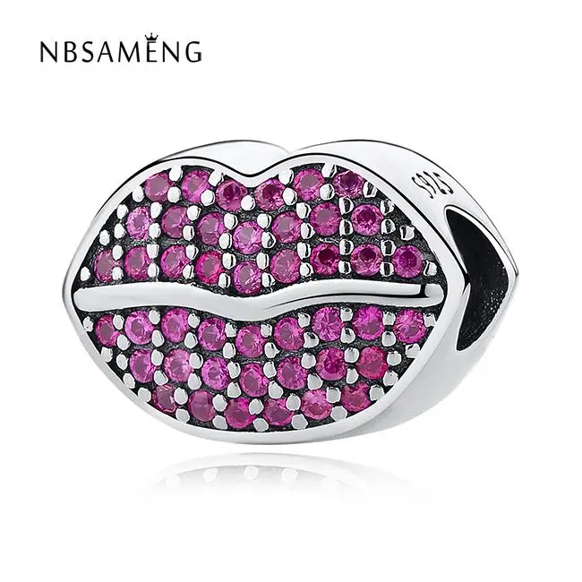 

Valentine's Authentic 925 Sterling Silver Bead Charms Pave Red CZ Lips Beads Fit Pandora Original Bracelets Women DIY Jewelry